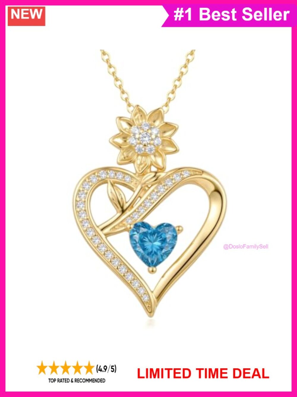 14K Gold Plated Sunflower Heart Birthstone Pendant Necklace for Women